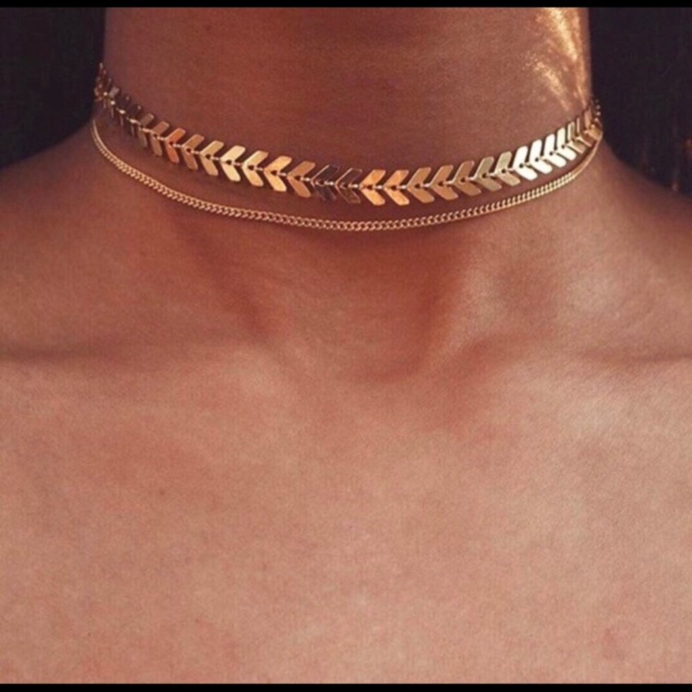 2 Layer Chevron and Chain Gold Choker